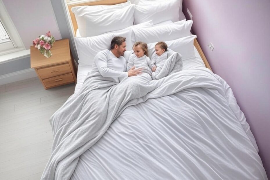 Ein Vater in einem großen Familienbett mit seinen beiden Kindern
