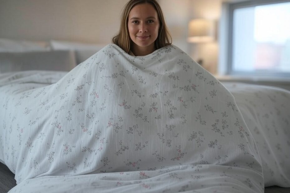 Eine Frau sitzt im Bett, sie lächelt und hat die Decke an ihrem Körper hochgezogen