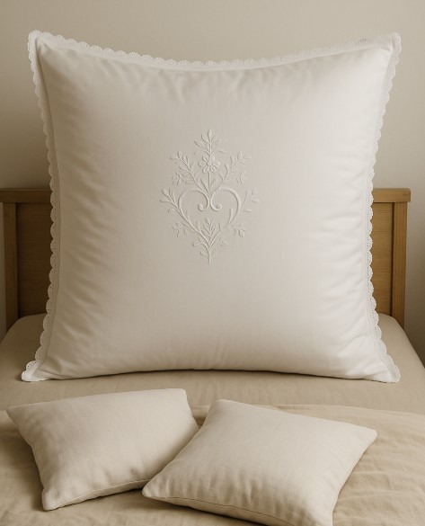 Ein Haipfl-Kopfkissen auf einem Bett, an die Wand gelehnt, davor zwei kleine Kissen